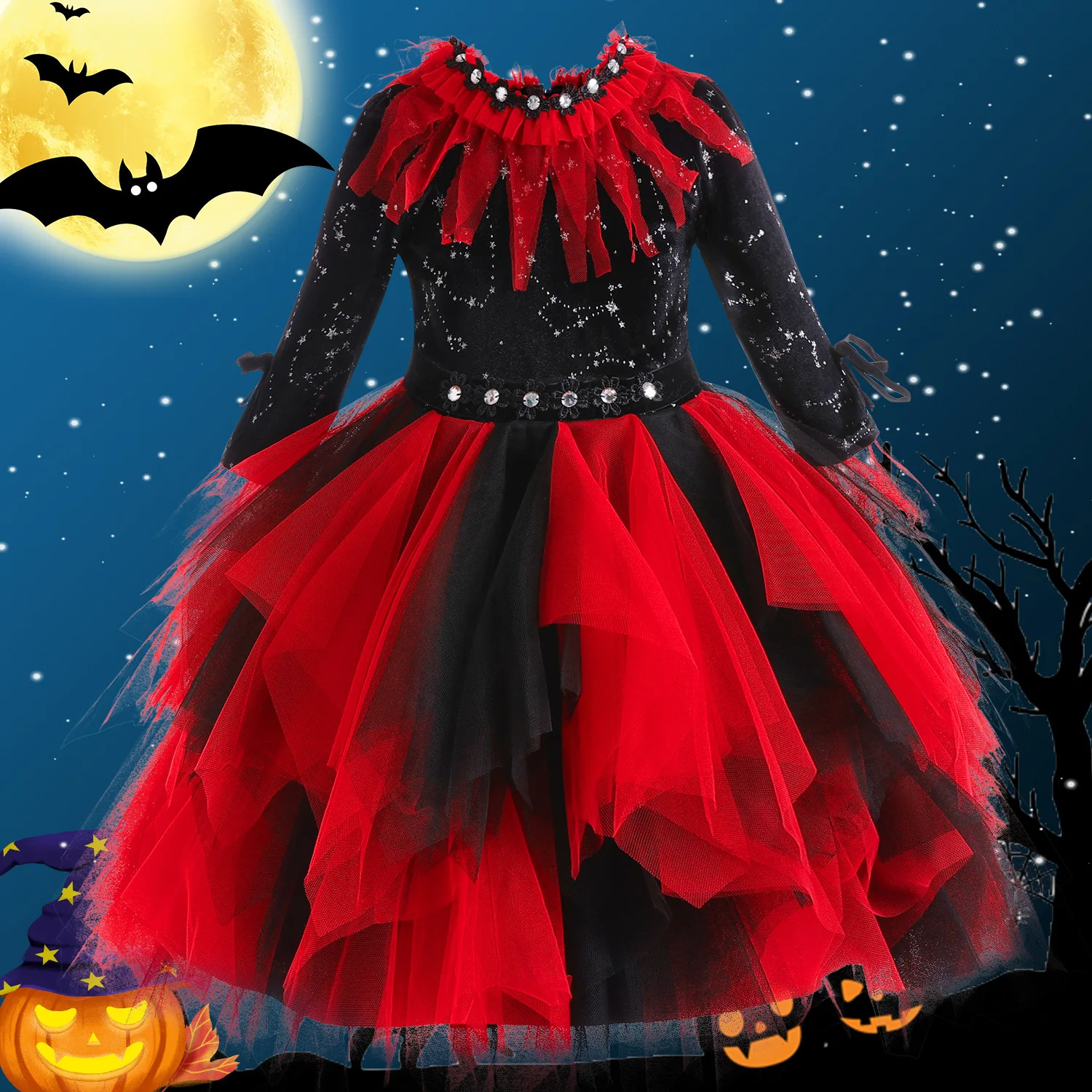 Girls Luxury Dress Sequins Vampire Cosplay Costume with Shawl Kid Party Halloween Outfit Children Attire Mesh Fantasia Clothes