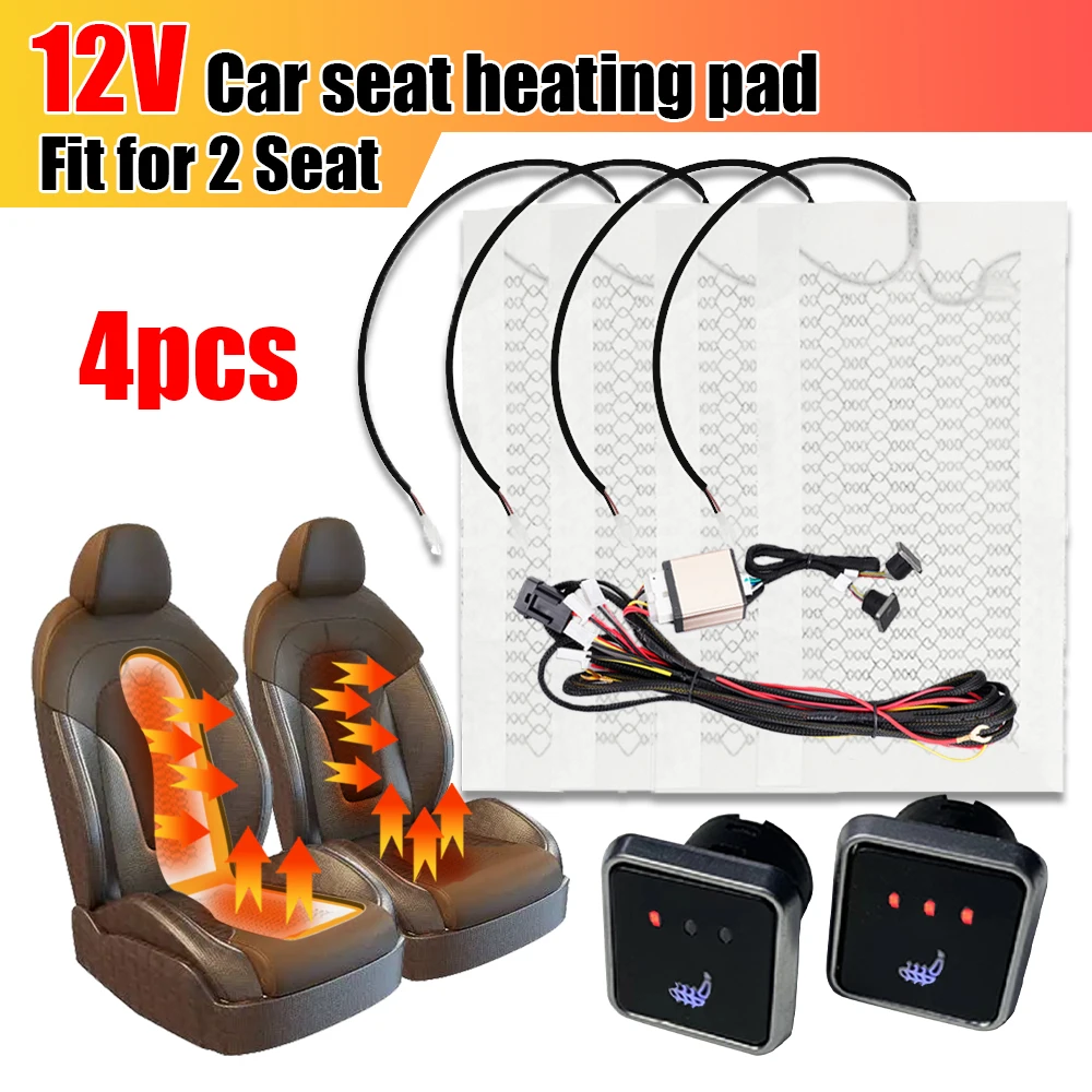 Universal Car Seat Heater Kit 12V Carbon Fiber Heating Pads 3 Gear Square Control Switch Winter Warmer Seat Cover Fit 2 Seats