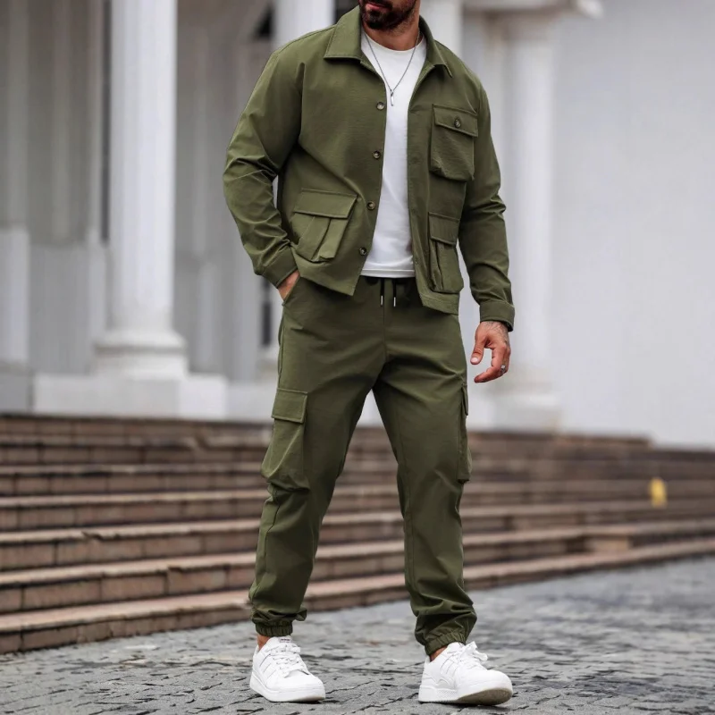 Spring/Autumn 2025 Men's retro Fashion Casual workwear long Pants Jacket Set, multi-pocket trendy pants jacket 2 pieces
