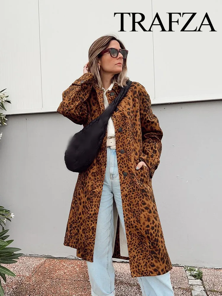 

TRAFZA Women Vintage Leopard Print Lapel Jacket Coat Woman Elegant Long Sleeve Hidden Buckle Pocket Loose Slim Overcoat TRAF