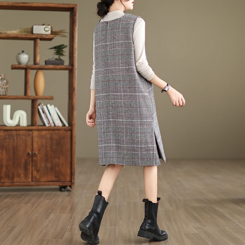 Jesienno-zimowa wełniana kamizelka w kratę Dr Women plus size z dekoltem w serek, elegancka kamizelka midi, modna koreańska kamizelka w kształcie litery A...