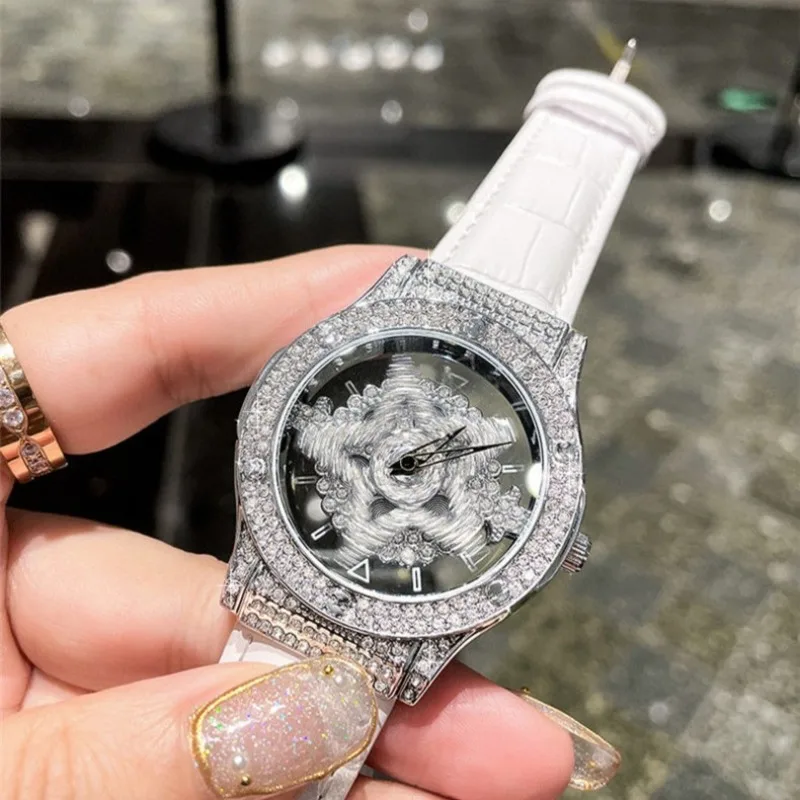 Часы для женщин, легкий роскошный кожаный ремешок, вращающаяся на 360° звезда, снежинка, полые бриллианты, женские часы