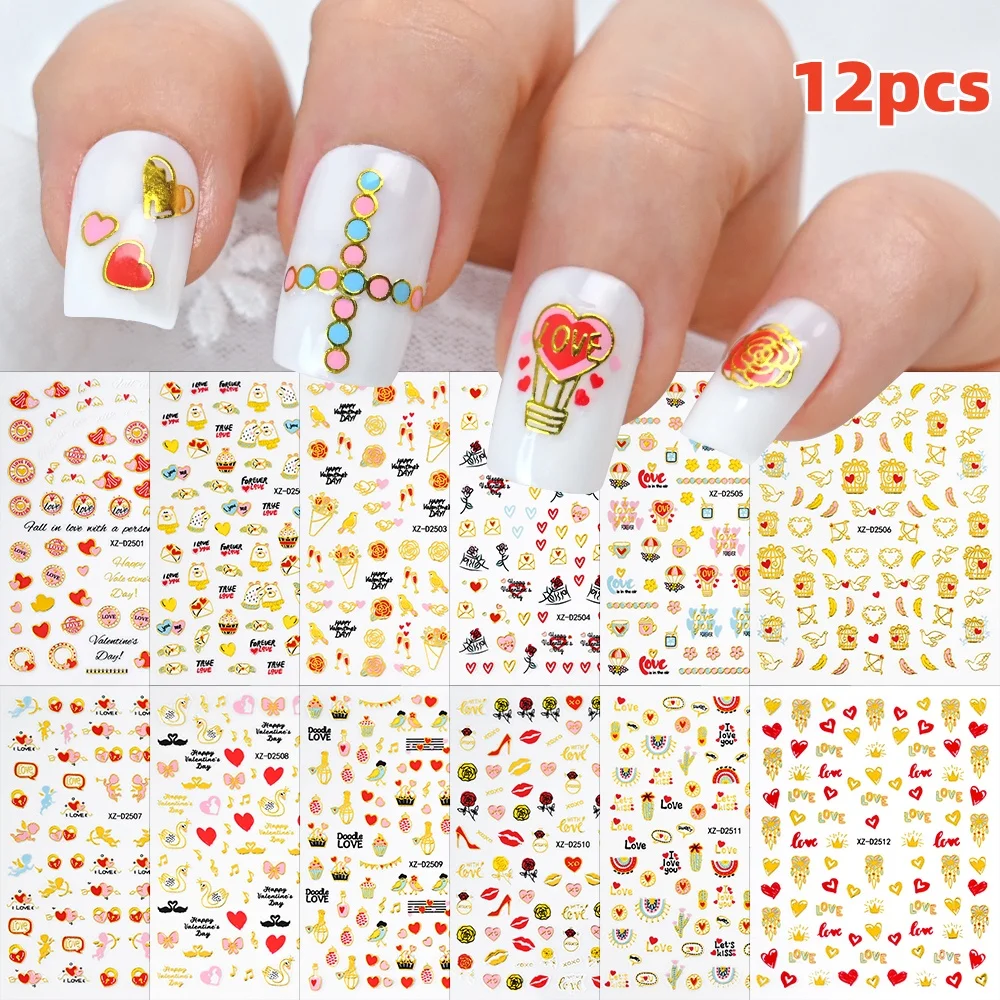 

12Pcs 3D Golden Red Glitter Heart Love Nail Sticker Valentine Self Adhesive Cartoon Decal Geometry Lines Stripe Slider Manicure*