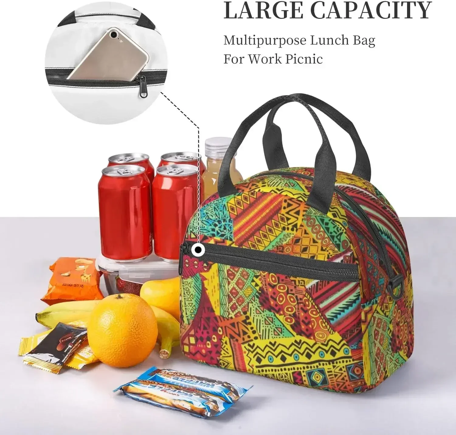

African Textile Patchwork Printed Lunch Bag for Women Men Reusable Cooler Box Portable