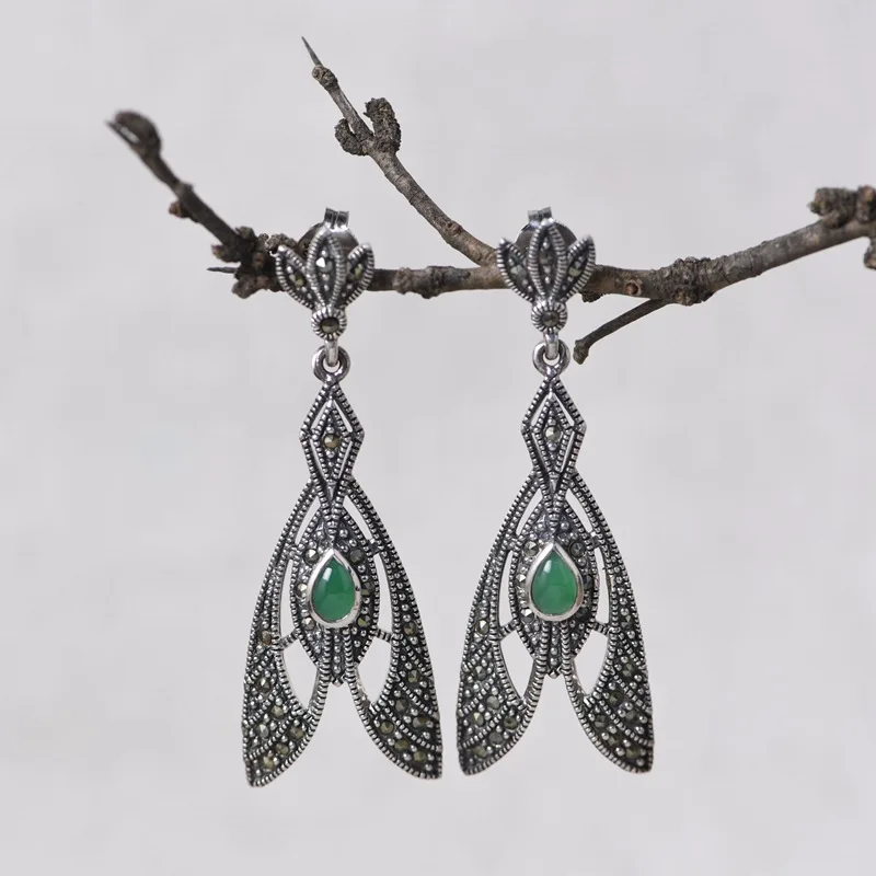 

FNJ 925 Silver MARCASITE Earrings for Women Jewelry Pure Original S925 Silver Sterling Drop Earring Red Green Agate