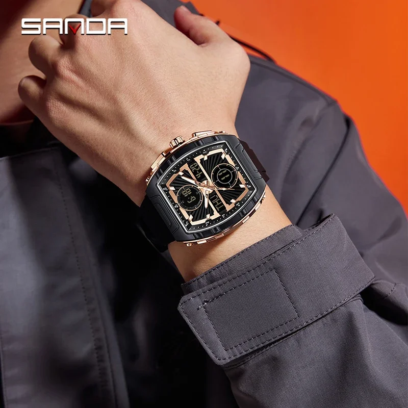 SANDA موضة جديدة الاتجاه ساعات رجالية مقاوم للماء ساعة تنبيه الرجال سيليكون ساعة إلكترونية رقمية متعددة الوظائف ساعة رجالية