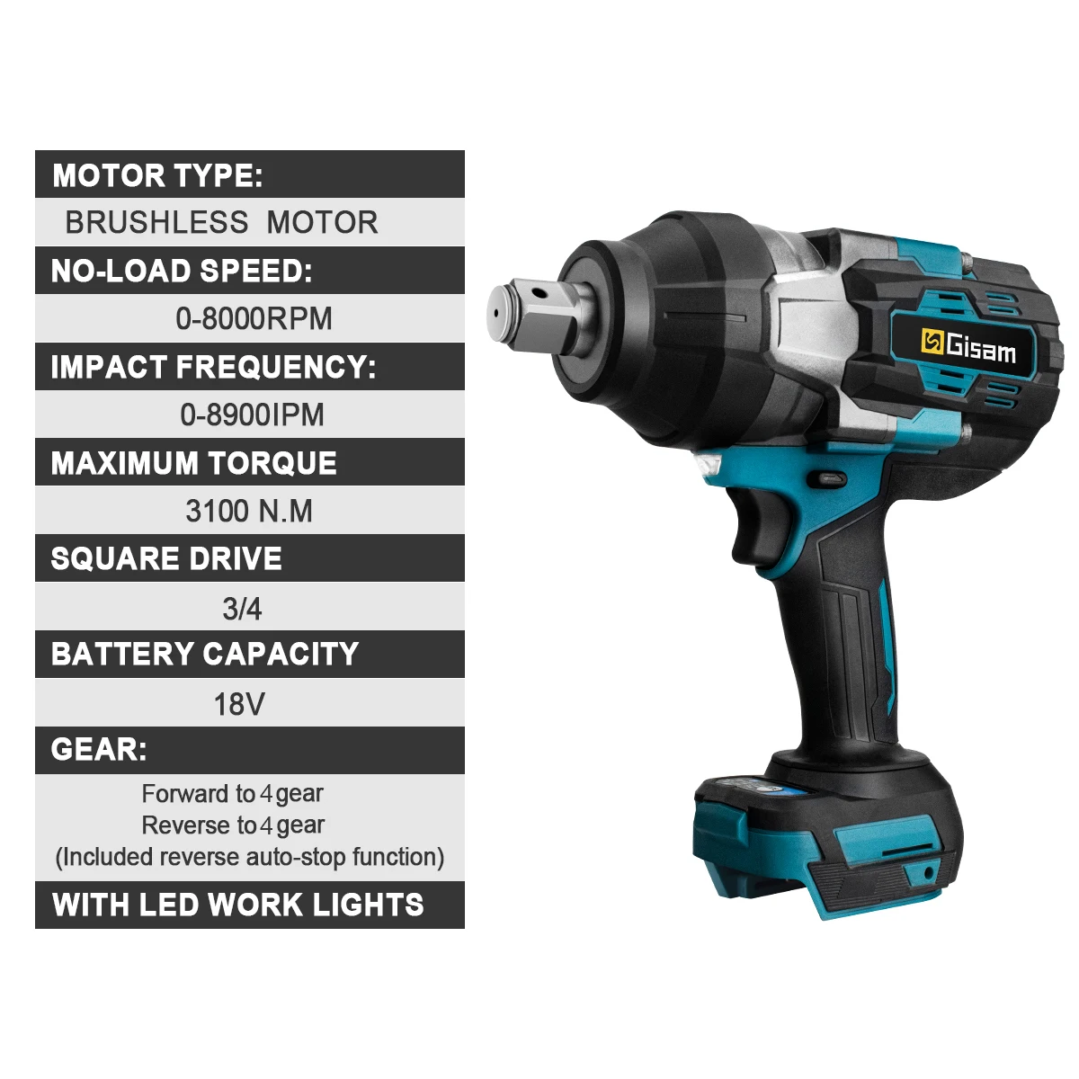 Gisam 3100N.M Torque Brushless Electric Impact Wrench 3/4 inch Cordless Electric Wrench Power Tool Compatible Makita 18V Battery