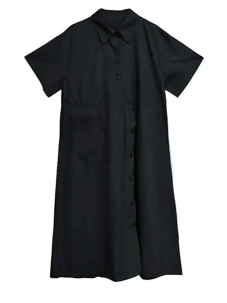 여성 블랙 불규칙한 단추 빅 사이즈 미디 셔츠 드레스 새로운 옷깃 짧은 소매 패션 조수 봄 여름