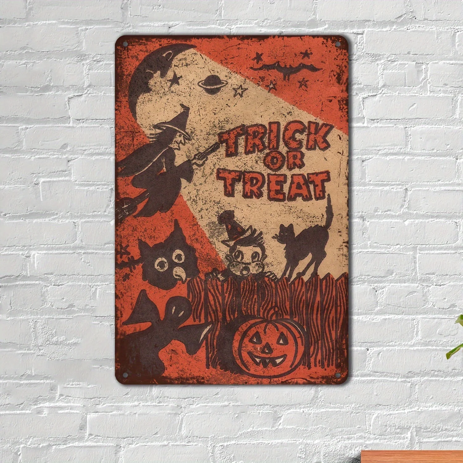 Iron Halloween Trick or Treat Metal Sign -  Retro Pumpkin Wall Decor for Homes, Bars, Cafes | Battery Free, Non-Electric Country