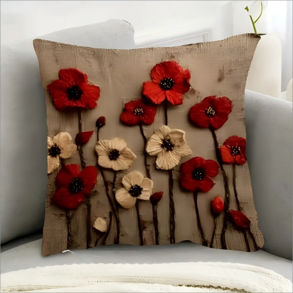 Double Sided Vintage 2D Red Poppy Flower Pillow Cover Rustic Oil Painting Floral Print Soft Throw Pillow Case for Home Decor