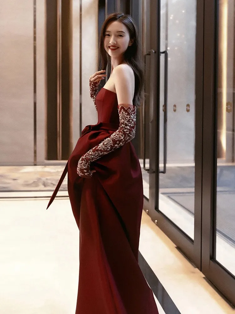 Evening Dress Women's Light Luxury Minority Wine Red Host Banquet Tube Top Satin Fishtail Toast