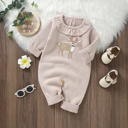 Newborn Baby Rompers Knit Girl Infant Jumpsuit Fashion Pink Ruffles Cute Sika Deer Toddler Kid Clothing Long Sleeve Autumn 0-18M