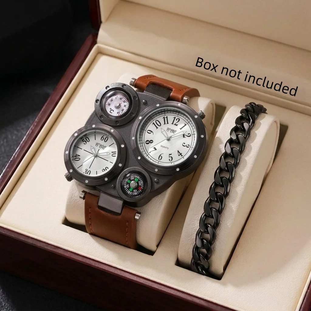 2PCS Fashion Decor Compass Dial Men Watch Bracelet Set Leather Strap Military Sports Wristwatch Relogio Masculino（Without Box）