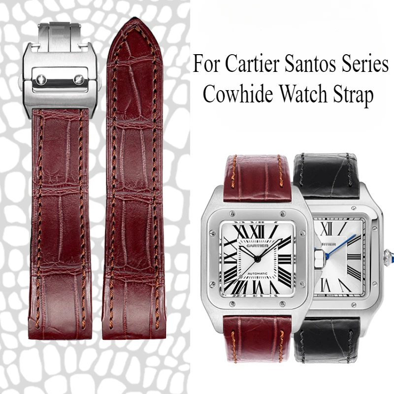 Luxury for Cartier Watch Strap Santos Sandoz 100 24.5 23 20mm Premium Cowhide Leather Solid Steel Deployment Buckle Black Brown