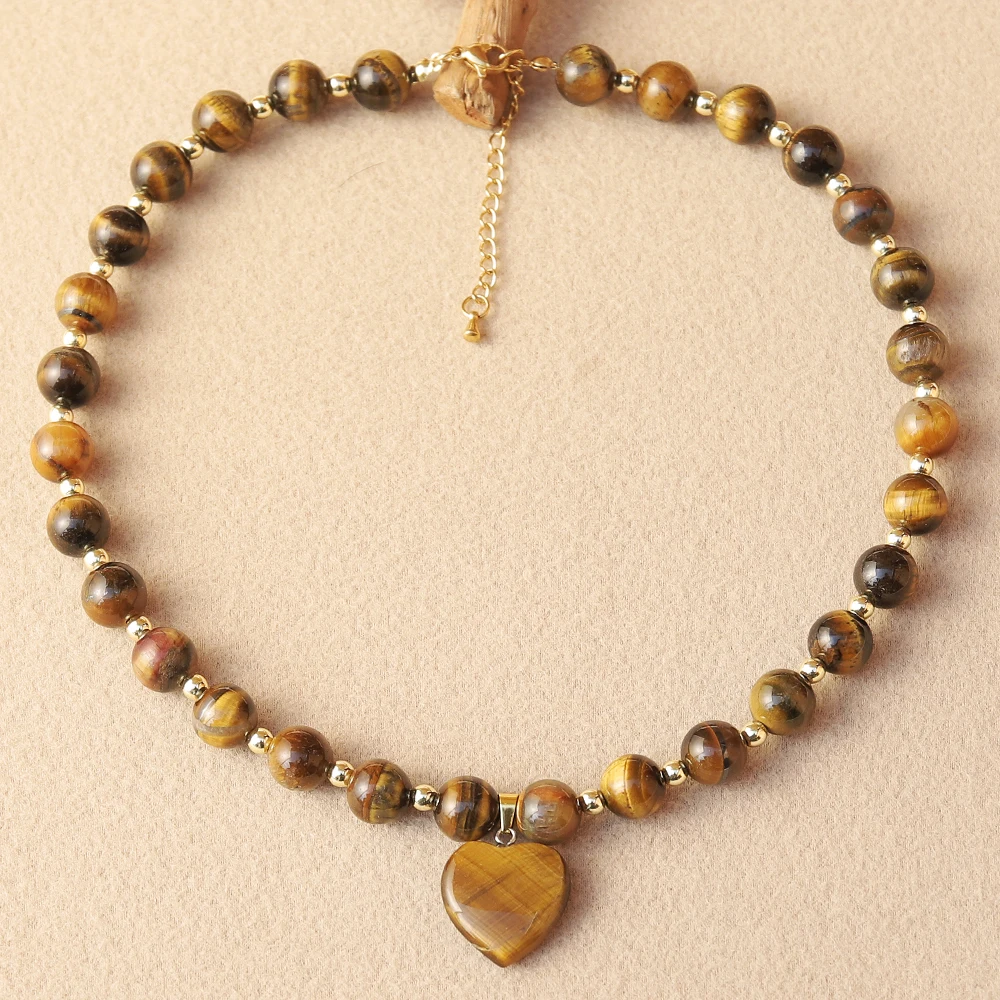 قطعة واحدة من قلادة قلب مطرزة على الطراز البوهيمي مع خرز عين النمر المستدير وخرز ذهبي، هدية رائعة مناسبة لجميع المواسم #2