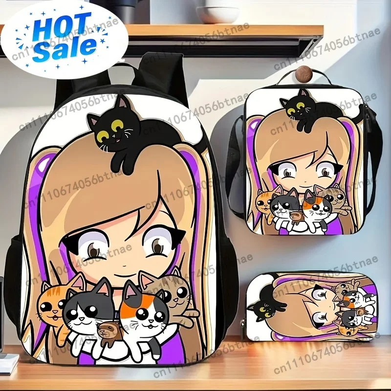 Lyna Vallejos 3pcs Adorable Cat And Cartoon Girl Backpack Collection - Includes a Backpack, Messenger, And Pencil Case | Lightwe