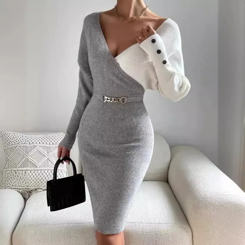 Autumn and winter new V-neck women's clothing patchwork fashionable slim fit and sexy hip hugging knit jumpsuit