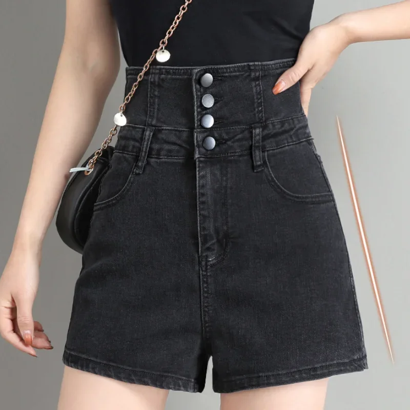 Summer Women Sexy Back Lace Up Design High Waist Hot Shorts Multi-button Black Denim Shorts New White A-Line Loose Straight Jean