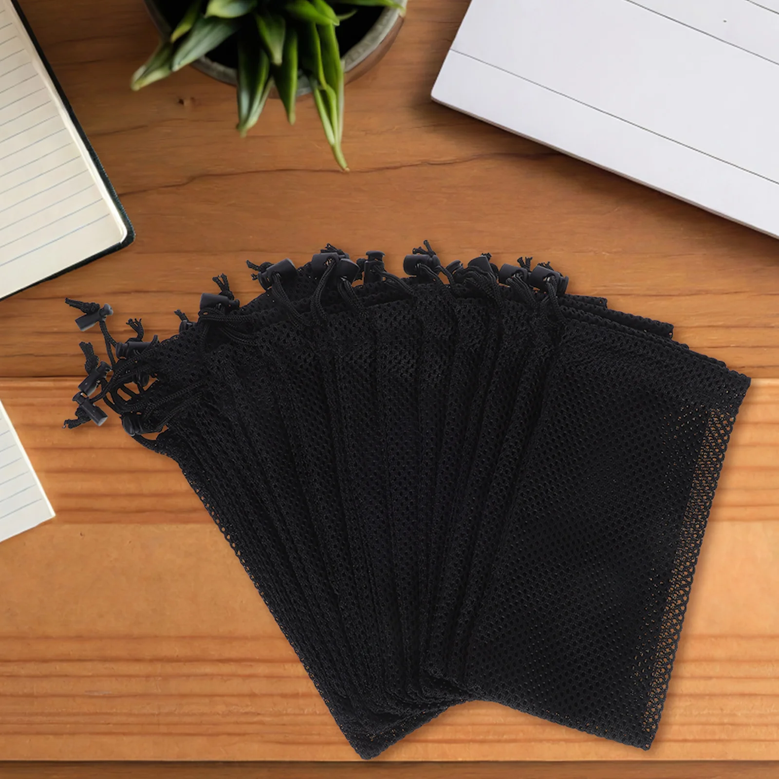 

20Pcs Mesh Drawstring Bags Black Thickened Polyester Breathable Sports Equipment Storage Gym Outdoor Beach Travel Organizer