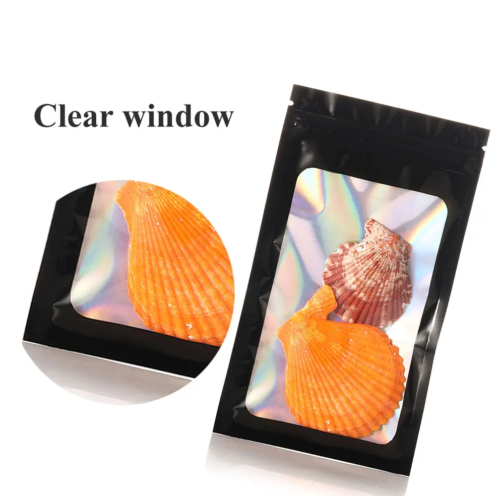 Jewelry Data Lightning Cable Packing, Pouch with Window,Black Ziplock Holographic Mylar Packaging Bag for Small Business