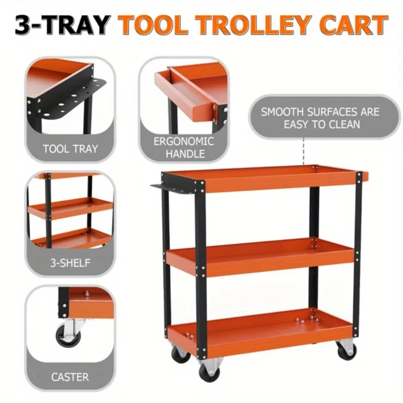 Keranjang alat mekanis bergulir 3 tingkat tugas berat dengan sistem dan roda yang dapat dikunci, sempurna untuk penggunaan garasi dan gudang