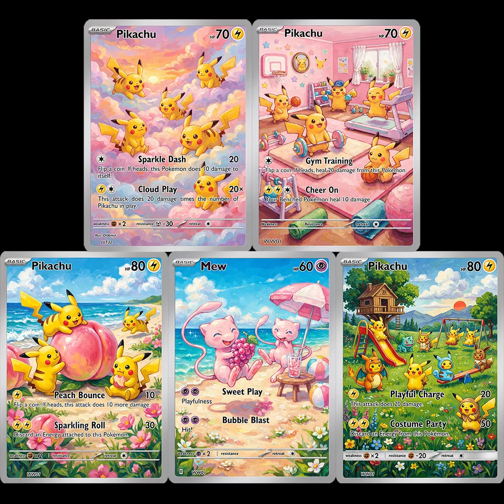 5Pcs PTCG Cards Mew Rare Holo Cards PTCG Gift Game Collection Card Hobby Collectibles Toys Present Full Art Fan Art Trading