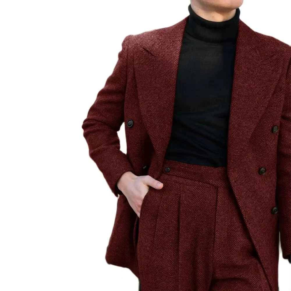 Herrenanzug mit Fischgrätenmuster, Herbst-Winter-Blazer, Hose, 2-teiliges Set, Revers, zweireihig, Smoking, Bräutigam, Party, Business, maßgeschneidert