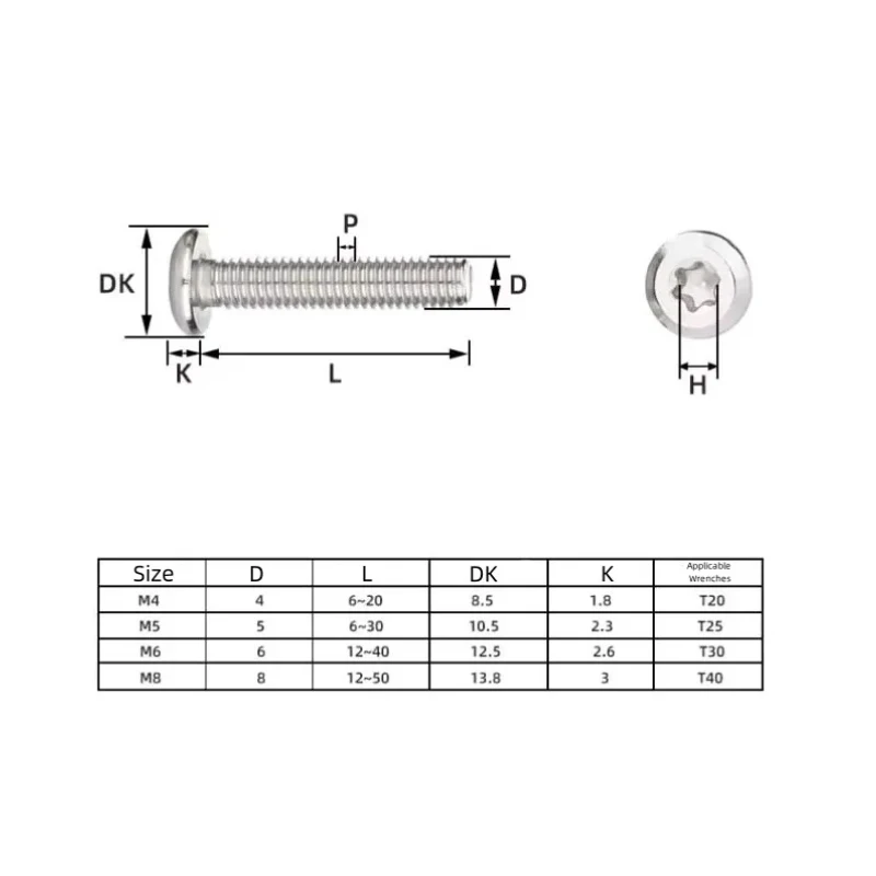 304 Stainless Steel Flat Bevel Six-Lobe Torx Screw Ultra Thin Flat Pan Wafer Head Safety Machine Bolt Fastening Nail M4 M5 M6 M8
