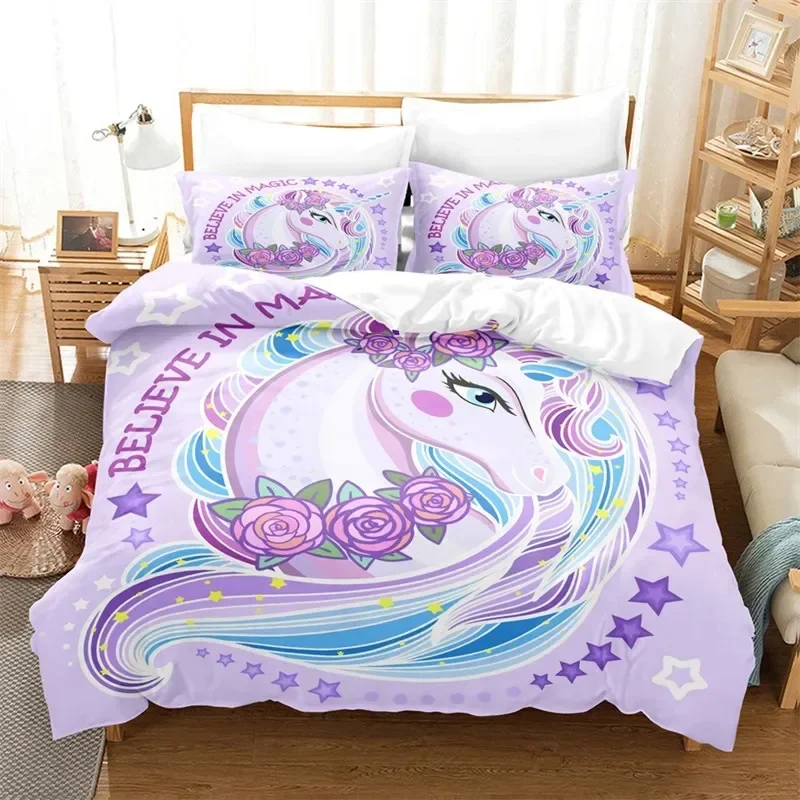 Cartoon Unicorn Flying Horse Bedding Set Boys Girls Twin Queen Size Duvet Cover Pillowcase Bed Kids Adult Home Textileextile