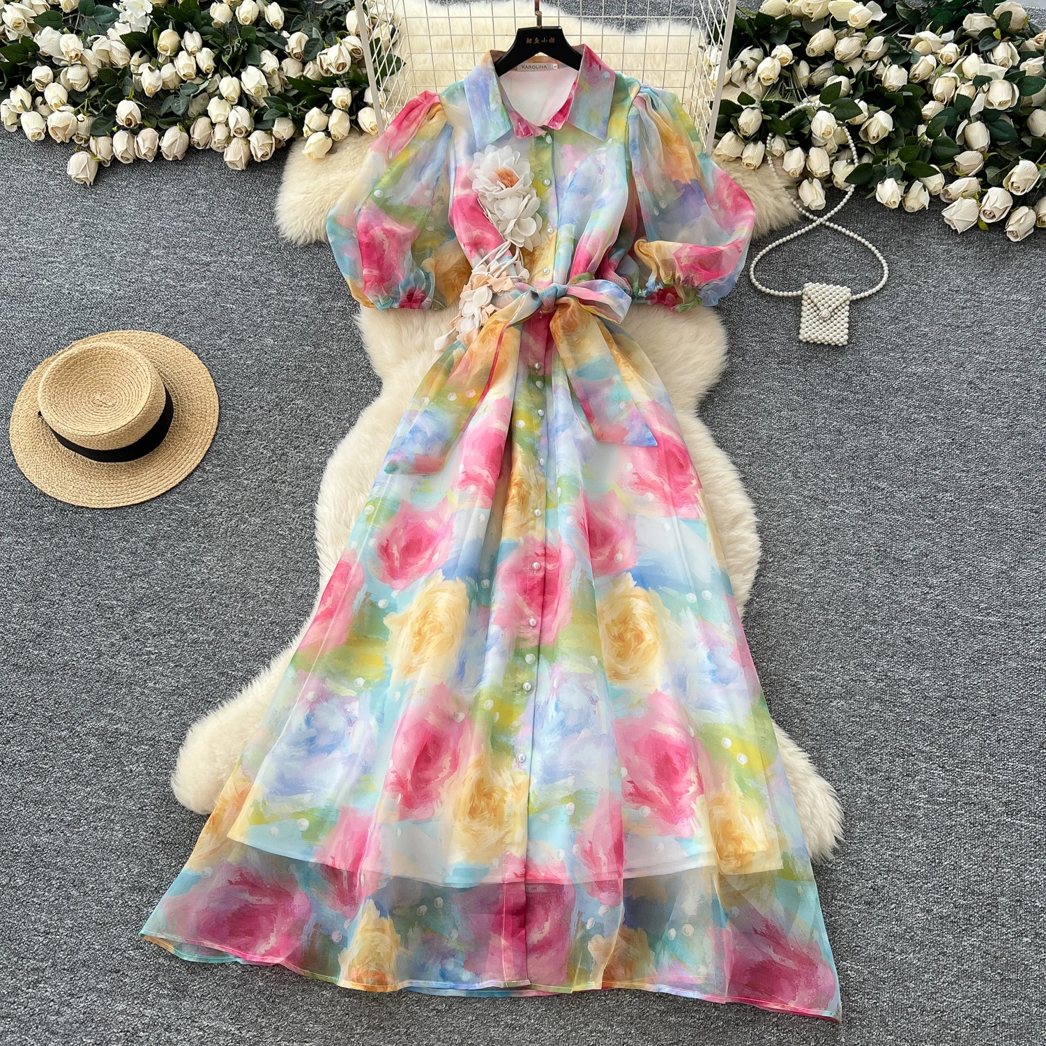 Robe de soirée de palais français vintage pour femmes, élégante, fleur 3D, revers, manches bouffantes, longue robe imprimée, vêtements de Festival haut de gamme, nouveau