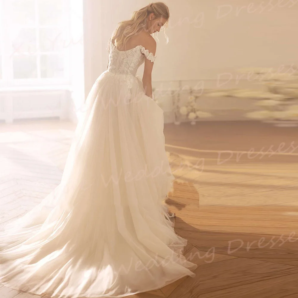 Affascinante una linea abiti da sposa da donna eleganti Appliques abiti da sposa in pizzo piuttosto fuori dalla spalla con spacco laterale Vestido De Noivas