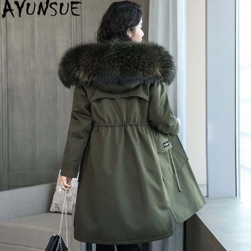 

AYUNSUE Natural Rabbit Fur Liner Parka Women Clothes 2020 Winter Jacket Women Raccoon Fur Collar Long Coat Female Overcoat MY