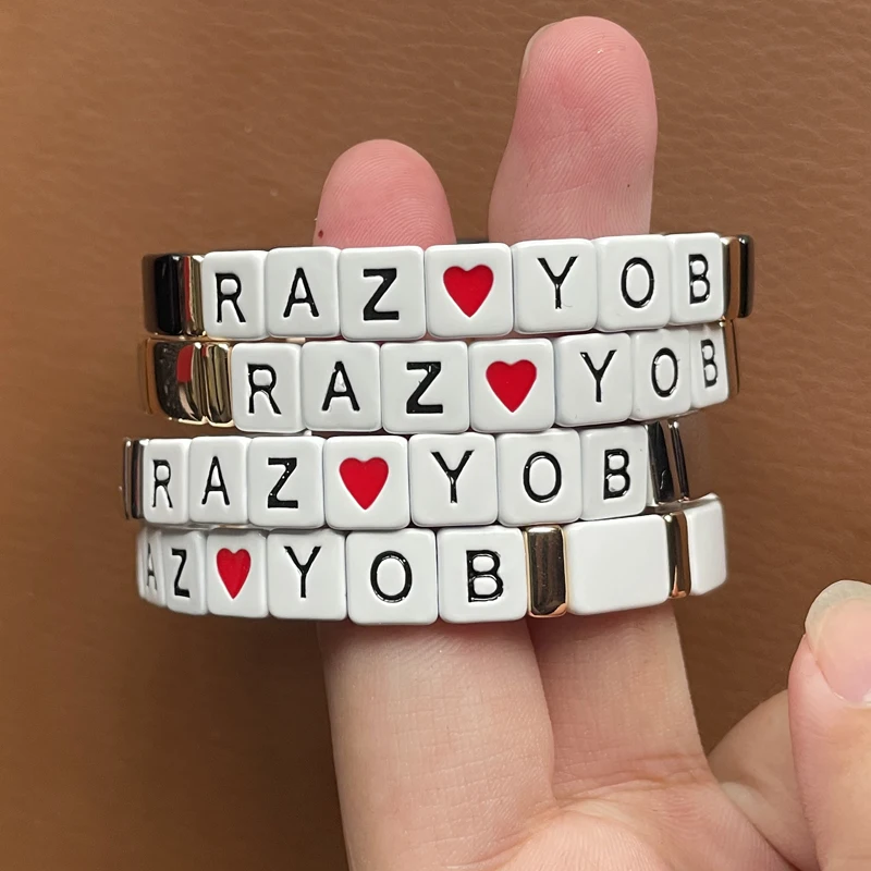 Silver Plated Russian Culture Words RAZ YOB Customs Letter Square Beads Metal Bracelet Jewelry Enamel Women Gift Bangle New DIY