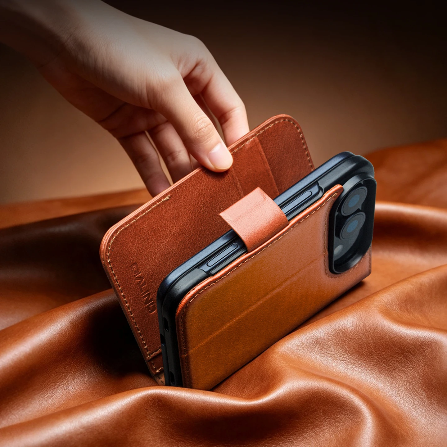 QIALINO 100% Premium Real Cowhide Phone Case for Apple iPhone Duo Natural Genuine Flip Leather Wallet Cover