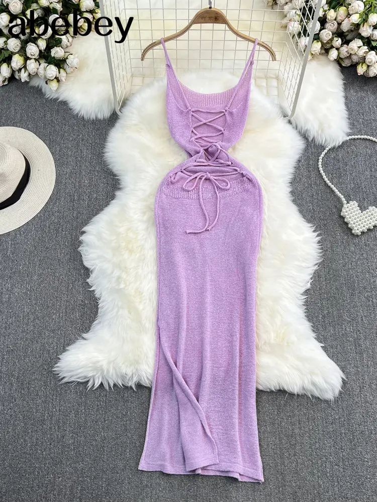 Blue/purple Summer Knit Sexy Strap Dress Women Tank Elatic Waist Bodycon Sundress Female Beach Split Backless Maxi Long Dress