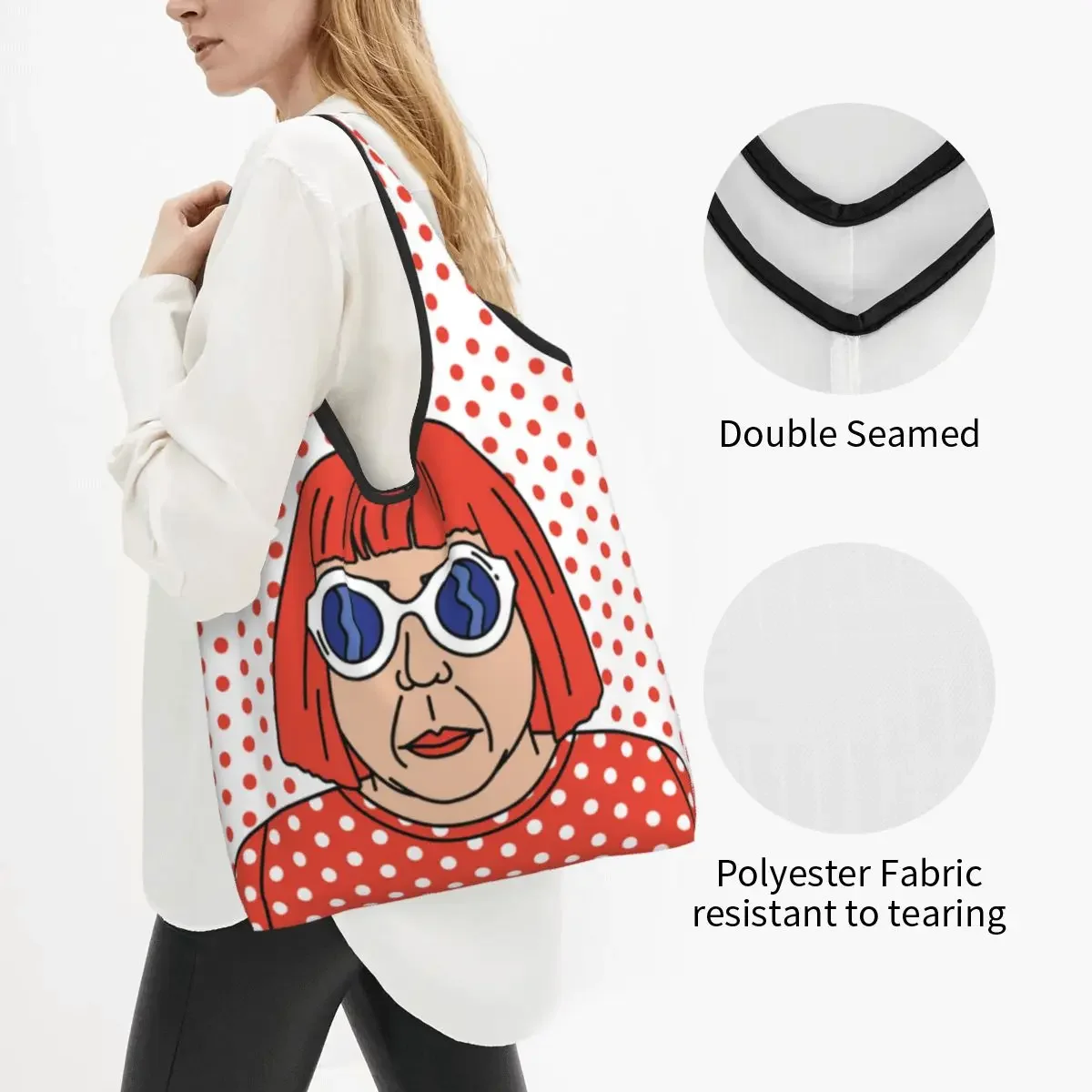 Custom Cute Yayoi Kusama Self Portrait Shopping Tote Bag Portable Groceries Shopper Shoulder Bag