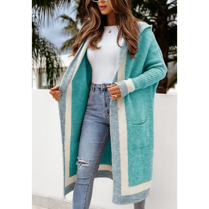 Casual Women\'s Loose Cardigan Hooded Sweater 2023 Autumn Winter Sweater Coat Women Long Sleeve Striped Pockets Long Sweater Coat