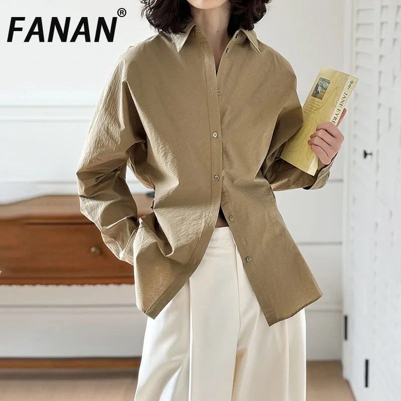 

FANAN Gathered Waist Shirts Women's Lapel Single Breasted Office Lady Elegant Fit Female Blouses Fashion Tops 2025 Spring New
