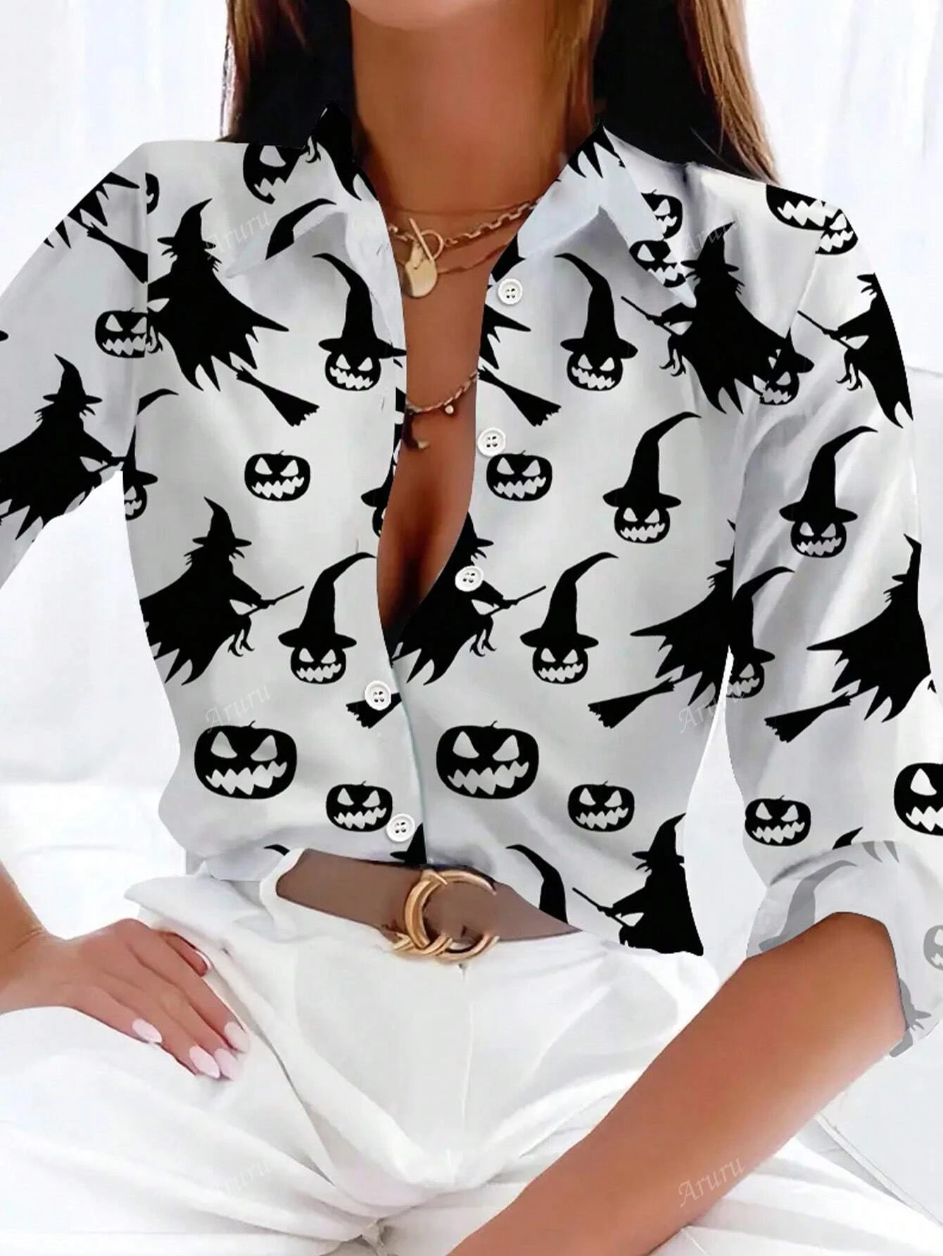 Fashion Women's Pumpkin Pattern Halloween Wizard and Soul 3D Print Long Sleeve Shirt Lapel Button Holiday Party Women Clothing