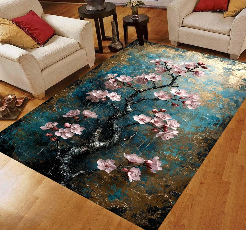 Teal Gold Sakura Blossom Area Rug Japanese Cherry Branch Carpet, Machine-Washable Non-Slip Carpets