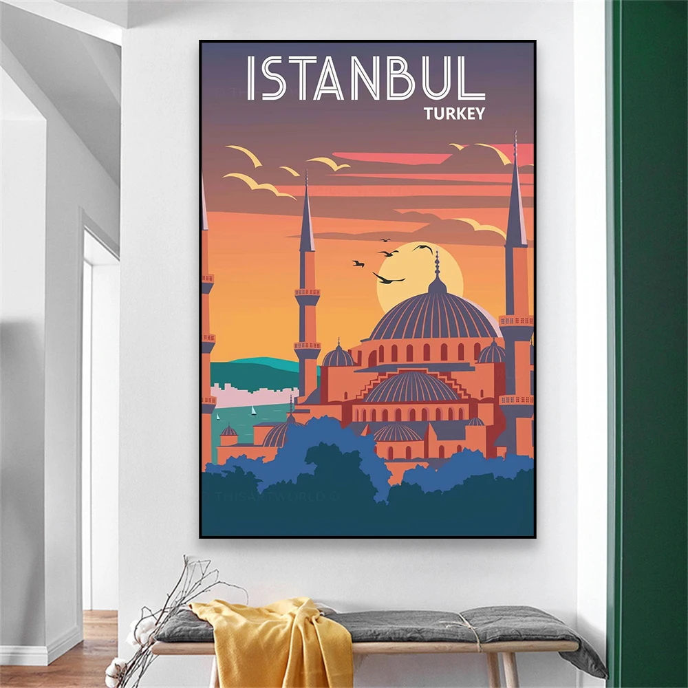 Istanbul Travel Print Travel Poster Turkey City Wall Art Print Cartoon Colorful Landscape Canvas Painting Office Home Decoration