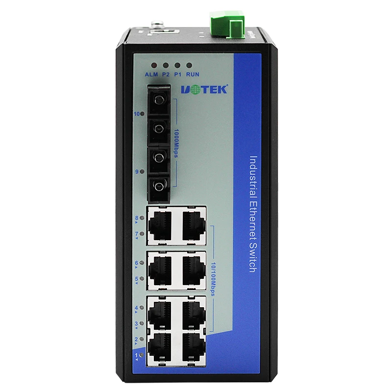 

UOTEK 10-портовый 100/1000 м управляемый Ethernet-коммутатор на DIN-рейку IEEE 802.1Q VLAN 8 + 2G гигабитный коммутатор на DIN-рейке UT-62208F-8T-2GSC-MNF