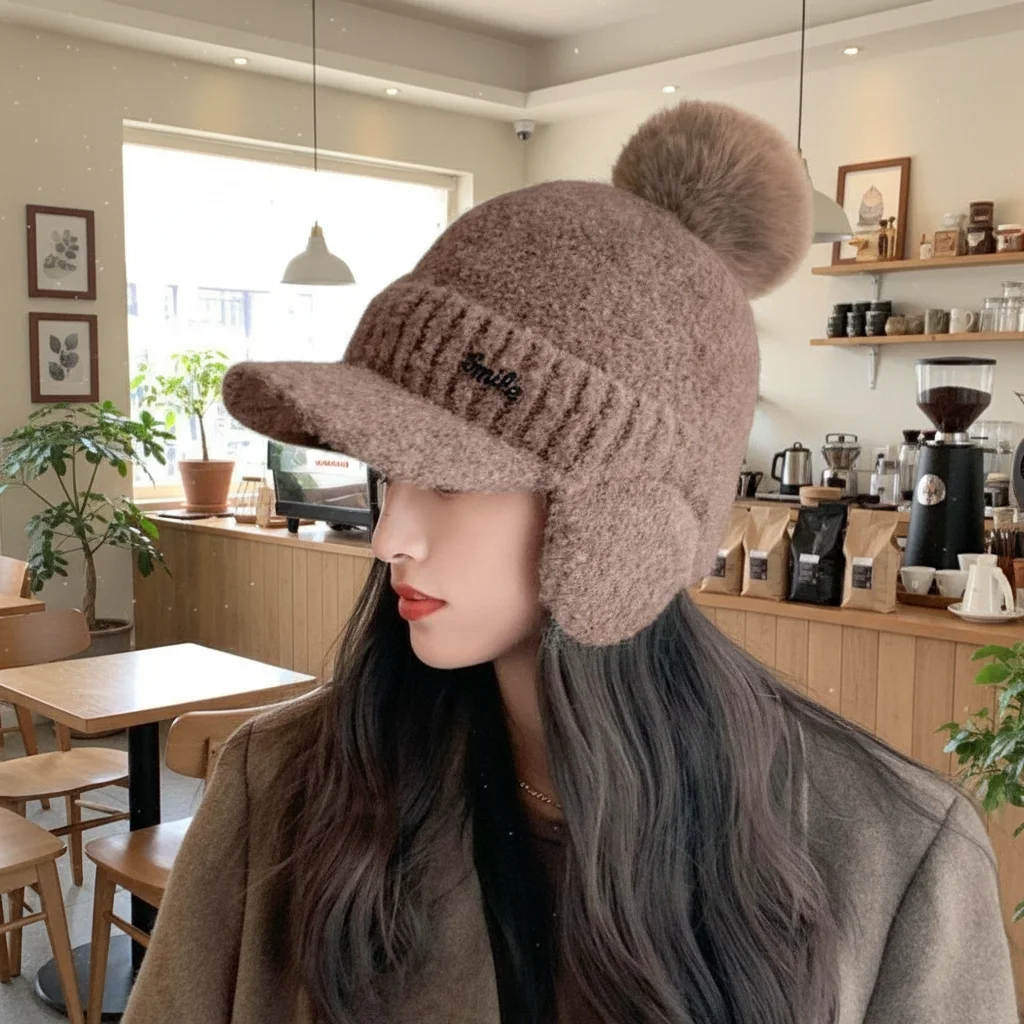 

Solid Color Warm Earmuffs Cap Windproof Thermal Knitted Baseball Cap Winter Pompom Plush Beanie For Outdoor Activities Daily