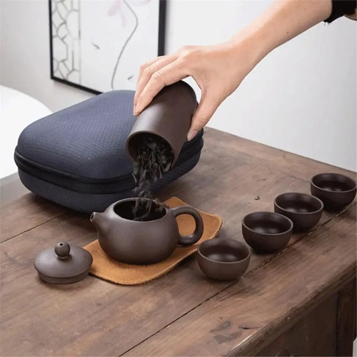 2026 New 1SET Portable Zisha Tea Set Portable Outdoor Travel Tea Set with One Pot and Four Cups