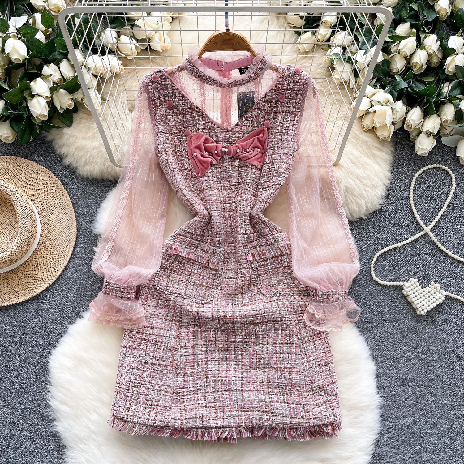 

Элегантное сетчатое платье с длинными рукавами и бабочками в стиле ретро, платье с высокой талией, женские осенние церемониальные платья, мини-платье