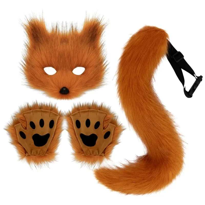 Fluffy Fur Fox Tail Keychain Cat Paws Gloves Wolf Plush Therian Mask Set For Halloween Party Cosplay Costume Props Accessories