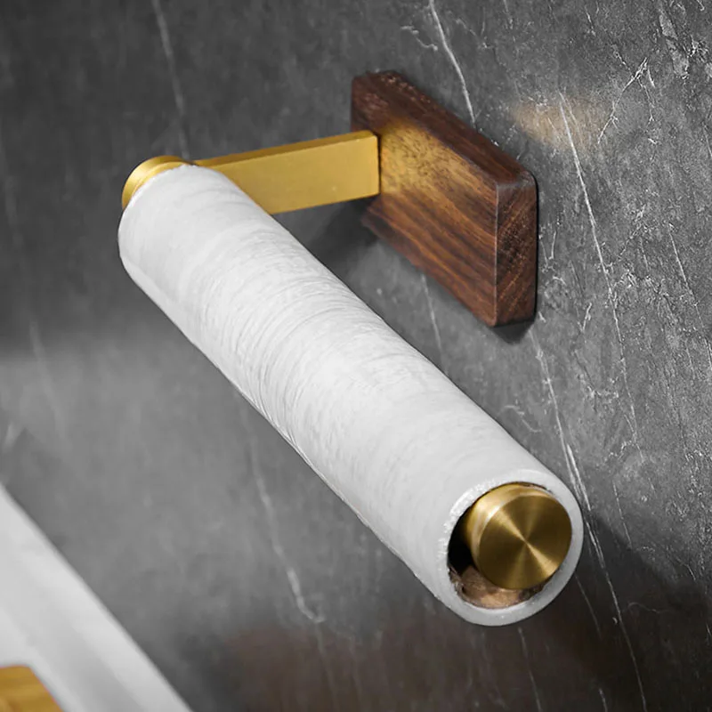 Walnut Bathroom Paper Towel Holder Brushed Gold Nail-free Toilet Roll Holder Vertical/Wall Mounted Paper Plane Bathroom Shelf