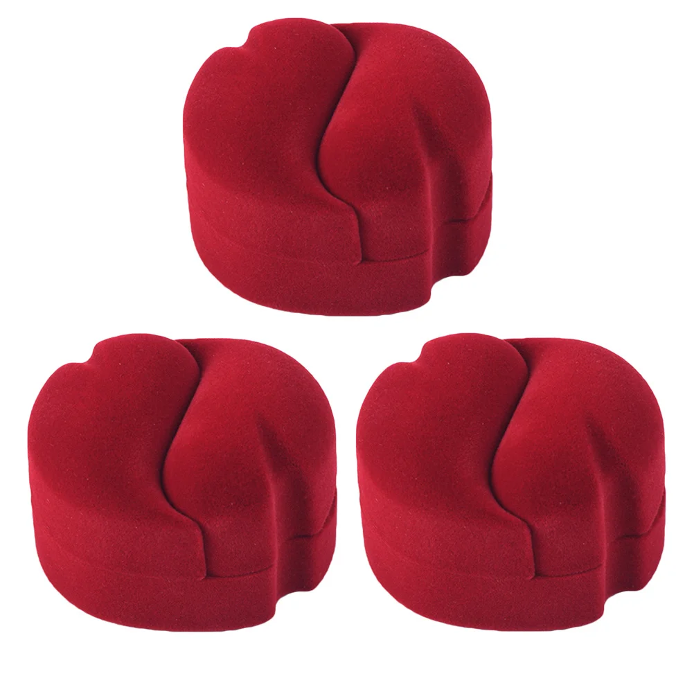 3Pcs Red Pair Ring Jewelry Box Flannel Stylish Durable Jewelry Case Gift Holder for Engagement Wedding Earrings Necklace