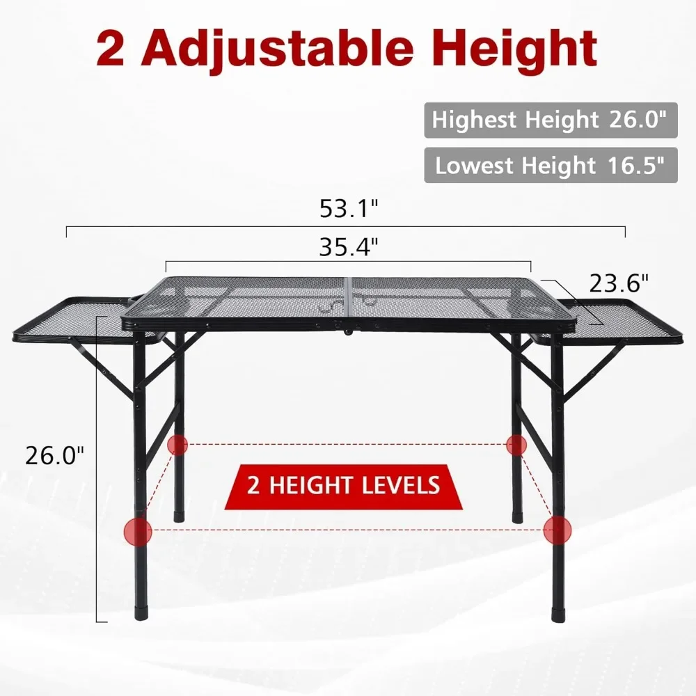 Folding Grill Table, Portable Camping Table with 2 Wing Panels, Height Adjustable Metal Table with Mesh Desktop and Mesh