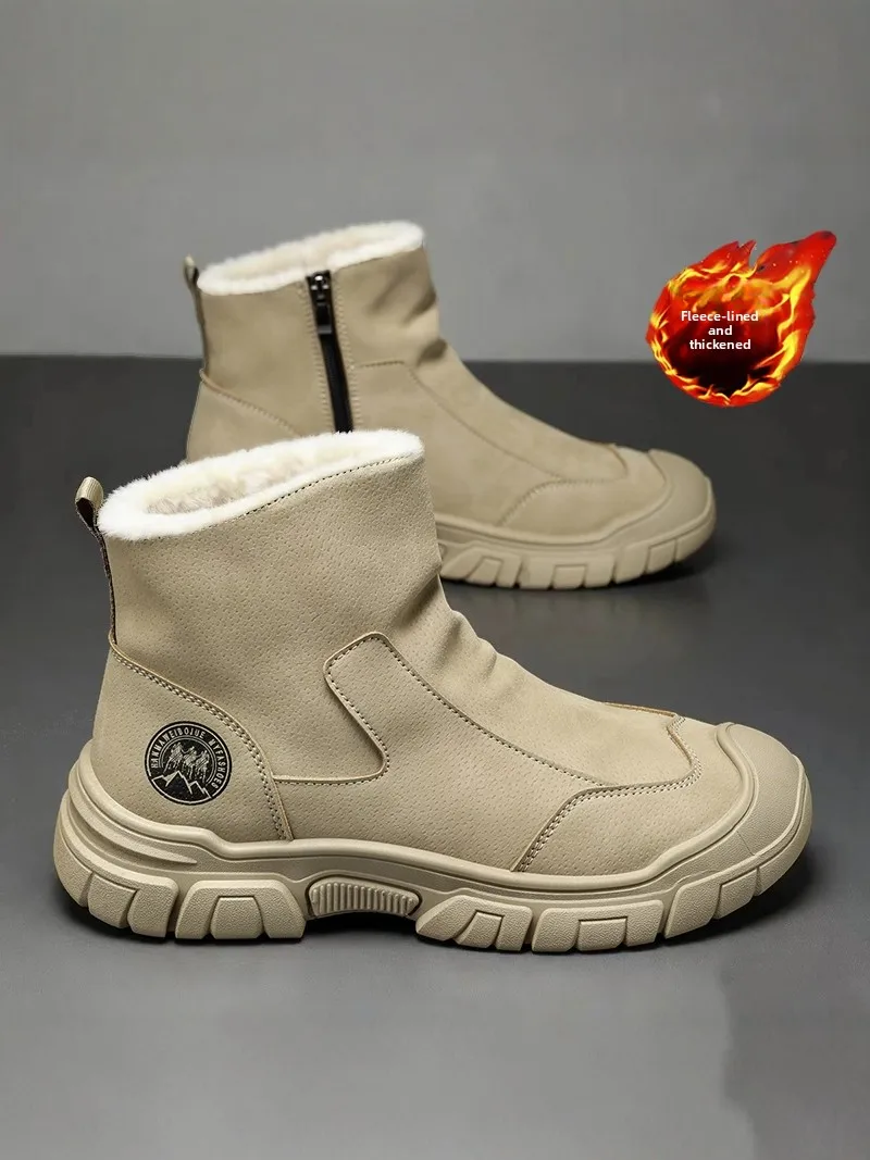 

Men's Winter Thickened Fleece Lined Fur Boot Outdoor Cold Resistant Cotton Boot Short High Heel round Toe Rubber Outsole Boot
